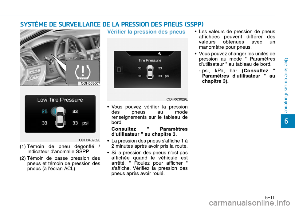 Hyundai Genesis 2015  Manuel du propriétaire (in French) 6-11
Que faire en cas durgence
(1) Témoin de pneu dégonflé /
Indicateur danomalie SSPP
(2) Témoin de basse pression des pneus et témoin de pression des
pneus (à lécran ACL)
Vérifier la pres