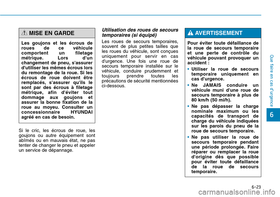 Hyundai Genesis 2015  Manuel du propriétaire (in French) 6-23
Que faire en cas durgence
6
Si le cric, les écrous de roue, les
goujons ou autre équipement sont
abîmés ou en mauvais état, ne pas
tenter de changer le pneu et appeler
un service de dépann
