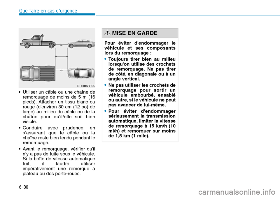 Hyundai Genesis 2015  Manuel du propriétaire (in French) 6-30
Que faire en cas durgence
• Utiliser un câble ou une chaîne de remorquage de moins de 5 m (16
pieds). Attacher un tissu blanc ou
rouge (denviron 30 cm (12 po) de
large) au milieu du câble 