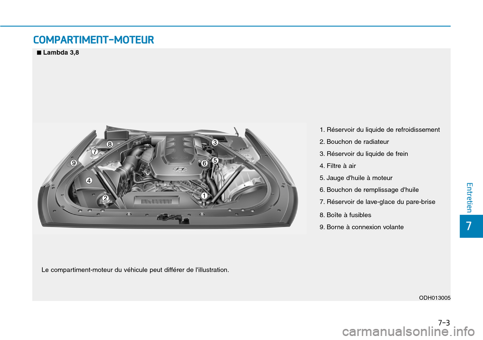 Hyundai Genesis 2015  Manuel du propriétaire (in French) 7-3
7
Entretien
COMPARTIMENT-MOTEUR
1. Réservoir du liquide de refroidissement
2. Bouchon de radiateur
3. Réservoir du liquide de frein
4. Filtre à air
5. Jauge dhuile à moteur
6. Bouchon de remp