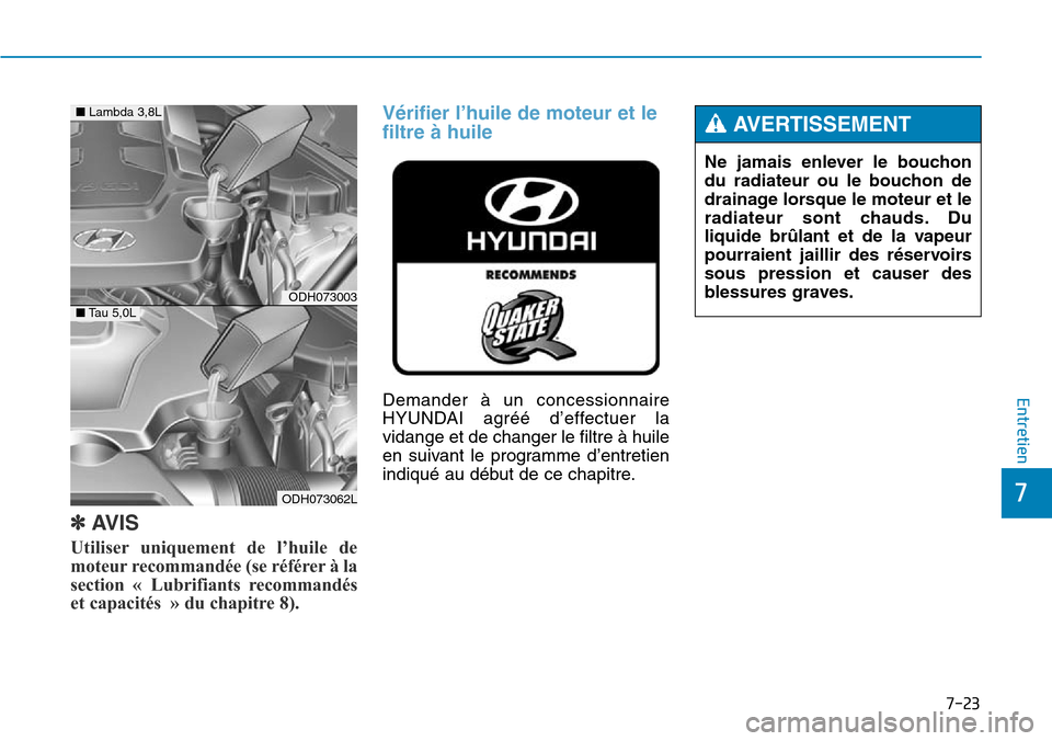 Hyundai Genesis 2015  Manuel du propriétaire (in French) 7-23
7
Entretien
✽AVIS
Utiliser uniquement de l’huile de
moteur recommandée (se référer à la
section « Lubrifiants recommandés
et capacités » du chapitre 8).
Vérifier l’huile de moteur 
