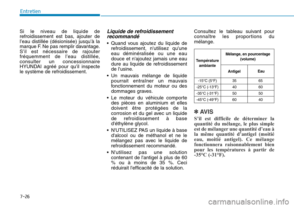 Hyundai Genesis 2015  Manuel du propriétaire (in French) 7-26
Entretien
Si le niveau de liquide de
refroidissement est bas, ajouter de
l’eau distillée (désionisée) jusqu’à la
marque F. Ne pas remplir davantage.
S’il est nécessaire de rajouter
fr