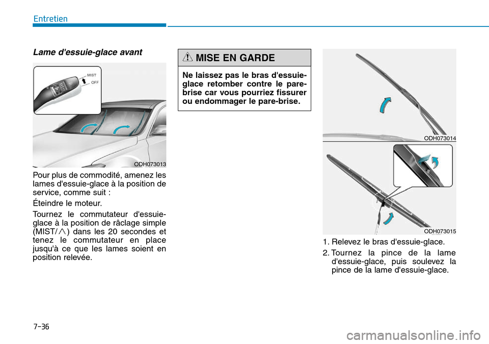 Hyundai Genesis 2015  Manuel du propriétaire (in French) 7-36
Entretien
Lame dessuie-glace avant
Pour plus de commodité, amenez les
lames dessuie-glace à la position de
service, comme suit :
Éteindre le moteur.
Tournez le commutateur dessuie-
glace à