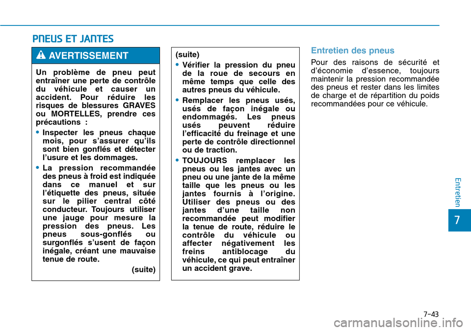 Hyundai Genesis 2015  Manuel du propriétaire (in French) 7-43
7
Entretien
PNEUS ET JANTES
Entretien des pneus
Pour des raisons de sécurité et
d’économie d’essence, toujours
maintenir la pression recommandée
des pneus et rester dans les limites
de ch