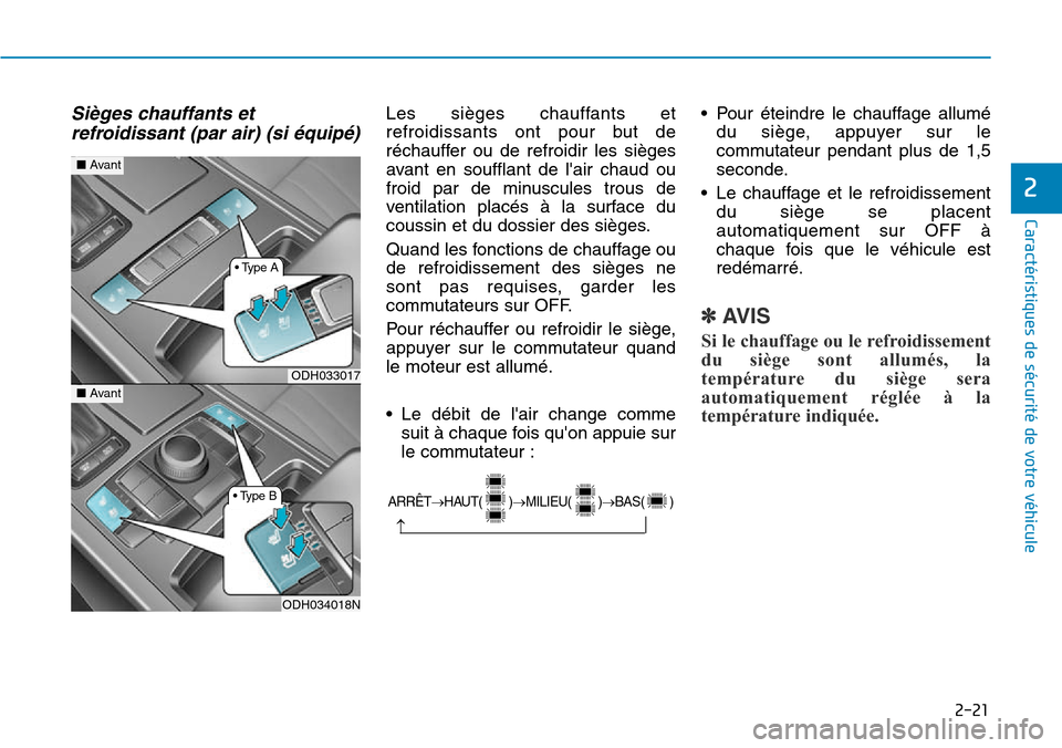 Hyundai Genesis 2015  Manuel du propriétaire (in French) Sièges chauffants etrefroidissant (par air) (si équipé)Les sièges chauffants et
refroidissants ont pour but de
réchauffer ou de refroidir les sièges
avant en soufflant de lair chaud ou
froid pa