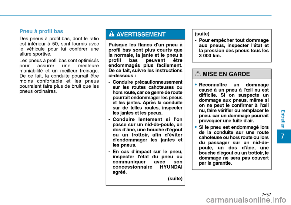Hyundai Genesis 2015  Manuel du propriétaire (in French) 7-57
7
Entretien
Pneu à profil bas  
Des pneus à profil bas, dont le ratio
est inférieur à 50, sont fournis avec
le véhicule pour lui conférer une
allure sportive.
Les pneus à profil bas sont o