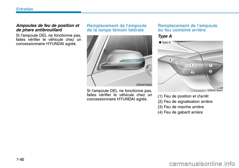 Hyundai Genesis 2015  Manuel du propriétaire (in French) 7-80
Entretien
Ampoules de feu de position etde phare antibrouillard
Si lampoule DEL ne fonctionne pas,
faites vérifier le véhicule chez un
concessionnaire HYUNDAI agréé.
Remplacement de lampoul