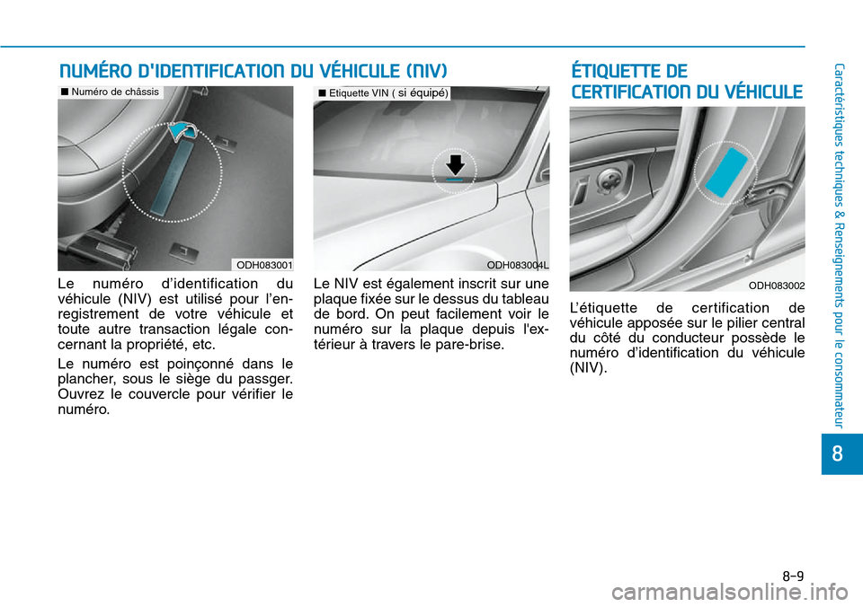 Hyundai Genesis 2015  Manuel du propriétaire (in French) 8-9
88
Caractéristiques techniques & Renseignements pour le consommateur
Le numéro d’identification du
véhicule (NIV) est utilisé pour l’en-
registrement de votre véhicule et
toute autre tran