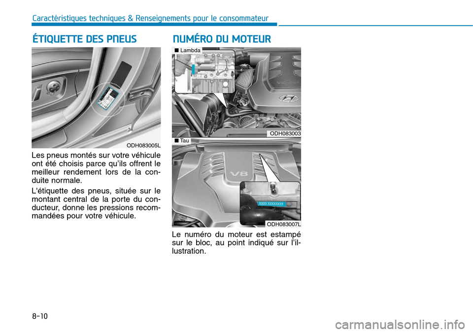 Hyundai Genesis 2015  Manuel du propriétaire (in French) Les pneus montés sur votre véhicule
ont été choisis parce qu’ils offrent le
meilleur rendement lors de la con-
duite normale.
Létiquette des pneus, située sur le
montant central de la porte d