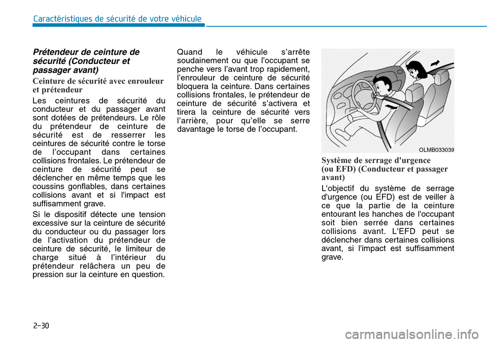 Hyundai Genesis 2015  Manuel du propriétaire (in French) 2-30
Caractéristiques de sécurité de votre véhicule
Prétendeur de ceinture desécurité (Conducteur etpassager avant)
Ceinture de sécurité avec enrouleur
et prétendeur
Les ceintures de sécuri