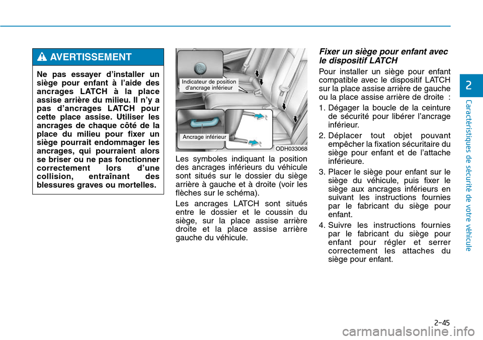 Hyundai Genesis 2015  Manuel du propriétaire (in French) 2-45
Caractéristiques de sécurité de votre véhicule
2
Les symboles indiquant la position
des ancrages inférieurs du véhicule
sont situés sur le dossier du siège
arrière à gauche et à droite