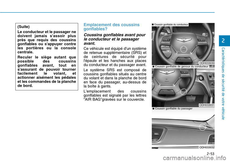 Hyundai Genesis 2015  Manuel du propriétaire (in French) 2-53
Caractéristiques de sécurité de votre véhicule
2
Emplacement des coussins
gonflables? 
Coussins gonflables avant pourle conducteur et le passageravant.
Ce véhicule est équipé dun système