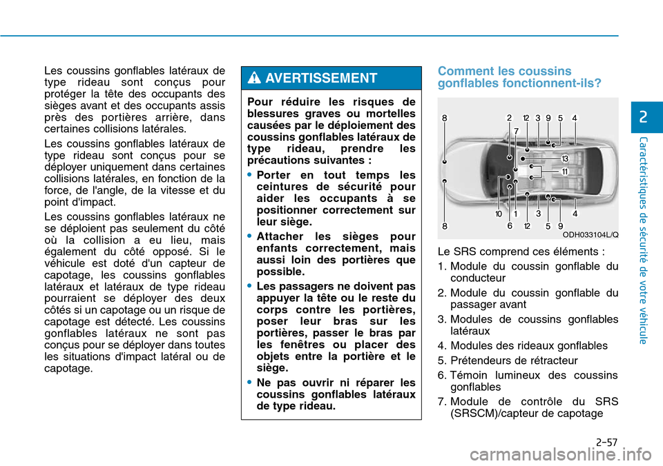 Hyundai Genesis 2015  Manuel du propriétaire (in French) 2-57
Caractéristiques de sécurité de votre véhicule
2
Les coussins gonflables latéraux de
type rideau sont conçus pour
protéger la tête des occupants des
sièges avant et des occupants assis
p