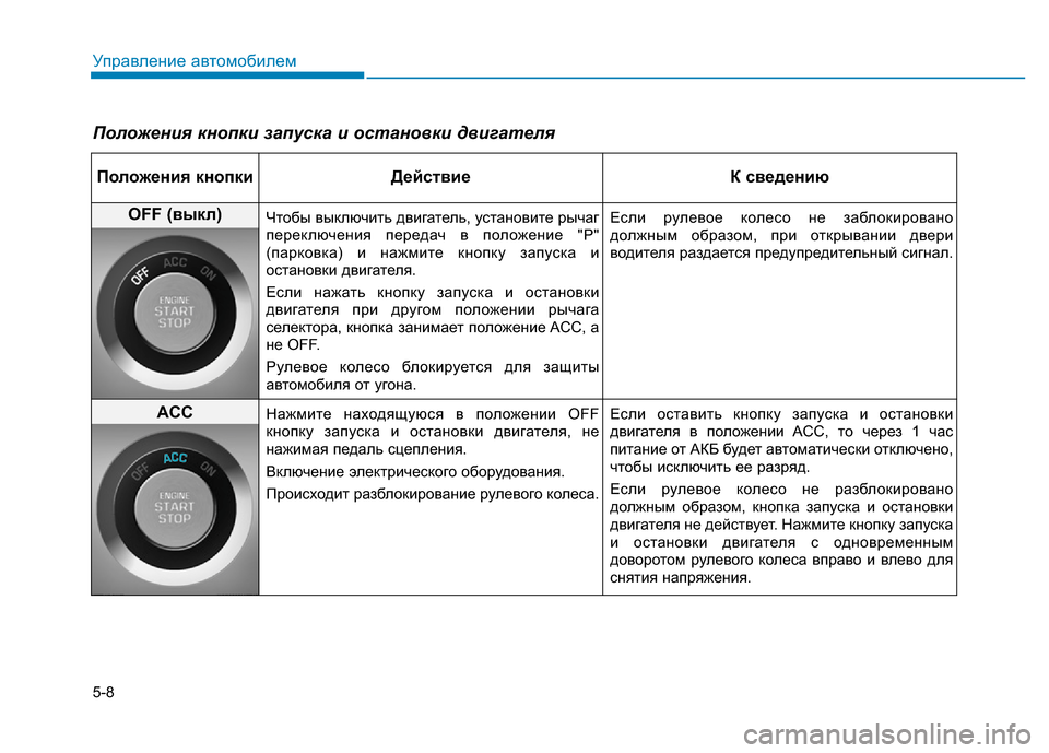 Hyundai Genesis 2015 Инструкция по эксплуатации (in Russian) 5-8
Управление автомобилем
Положения кнопки запуска и остановки двигателя
Положения кнопки Действие К сведен Hyundai Genesis 2015 Инструкция по эксплуатации (in Russian) 5-8
Управление автомобилем
Положения кнопки запуска и остановки двигателя
Положения кнопки Действие К сведен
