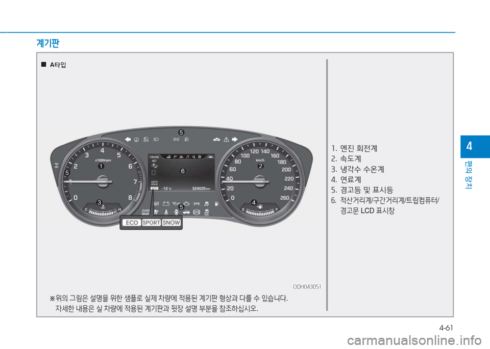 Hyundai Genesis 2015  제네시스 DH - 사용 설명서 (in Korean) 4-61
편의 장치
4
계기판
좌.   엔진  회전계
속 .  . L계
3 .  냉