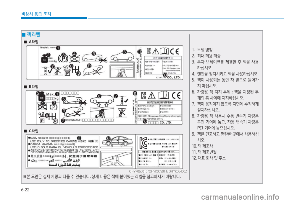 Hyundai Genesis 2015  제네시스 DH - 사용 설명서 (in Korean) 6-22
비상시 응급 조치
좌.   0델  명칭
속 .   최