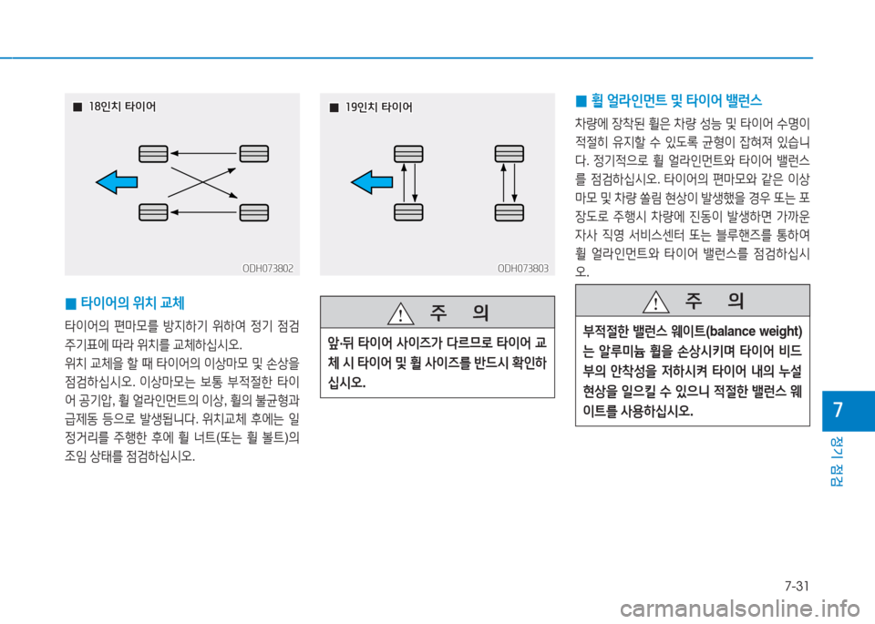 Hyundai Genesis 2015  제네시스 DH - 사용 설명서 (in Korean) 7-31
정기 점검
높
 
0 타이어의
 위치  교체
타이어의  편&P0를  방6HA