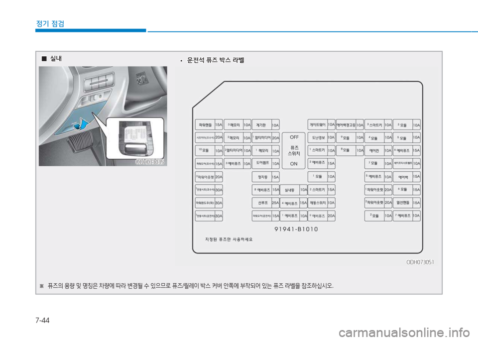Hyundai Genesis 2015  제네시스 DH - 사용 설명서 (in Korean) 7-44
정기 점검
  0
0실내
실내
ODH073035
ODH073035
※  
퓨6의  용량  및  명칭은  8