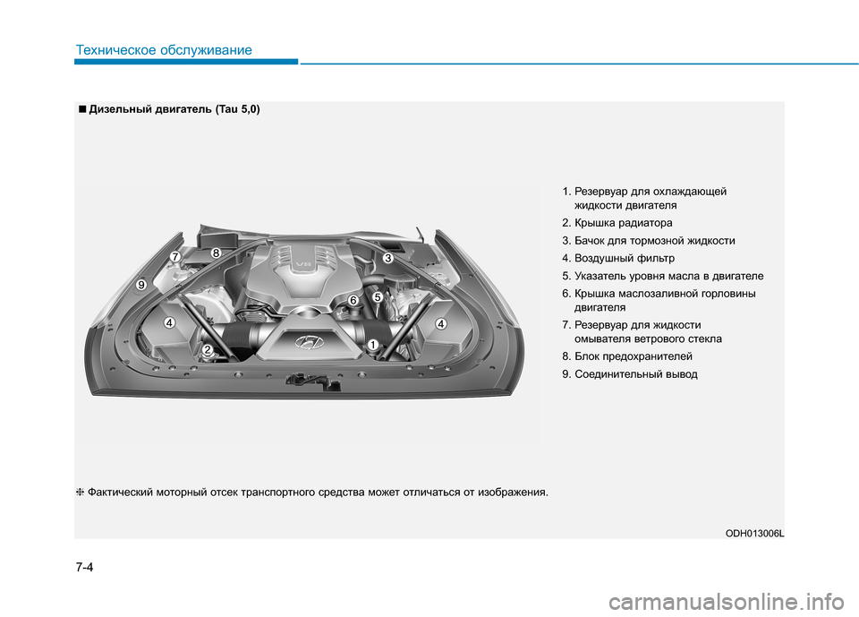 Hyundai Genesis 2014  Инструкция по эксплуатации (in Russian) 7-4
Техническое обслуживание
1. Резервуар для охлаждающей 
жидкости двигателя
2. Крышка радиатора
3. Бачок для т