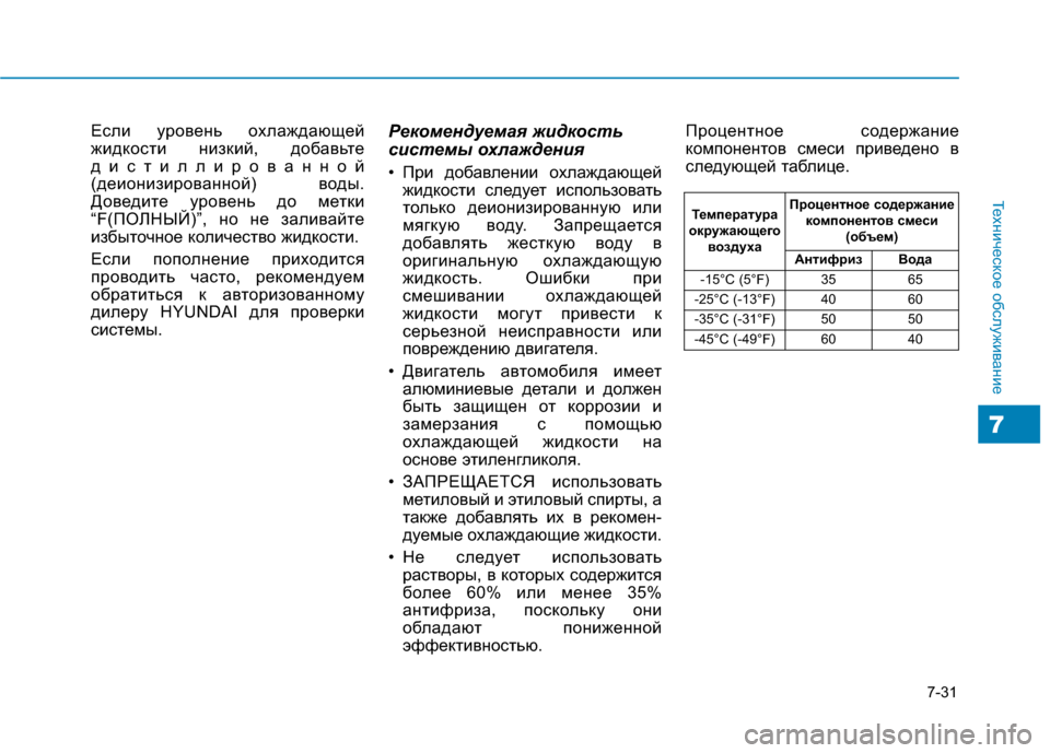 Hyundai Genesis 2014  Инструкция по эксплуатации (in Russian) 7-31
Техническое обслуживание
7
Если уровень охлаждающей
жидкости низкий, добавьте
дистиллированной
(деионизи