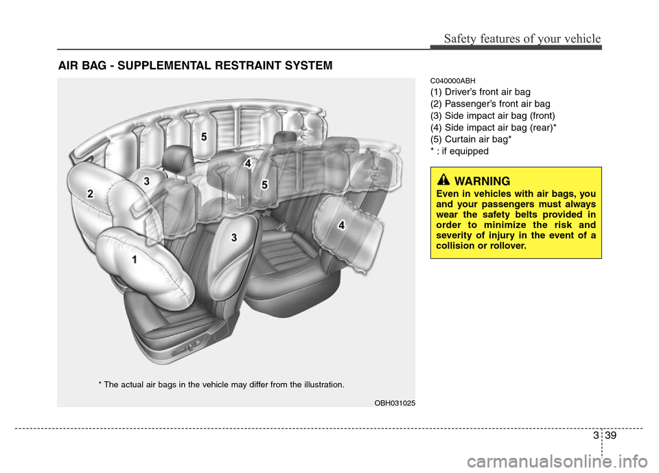 Hyundai Genesis 2012  Owners Manual 339
Safety features of your vehicle
C040000ABH
(1) Driver’s front air bag
(2) Passenger’s front air bag
(3) Side impact air bag (front)
(4) Side impact air bag (rear)*
(5) Curtain air bag*
* : if 