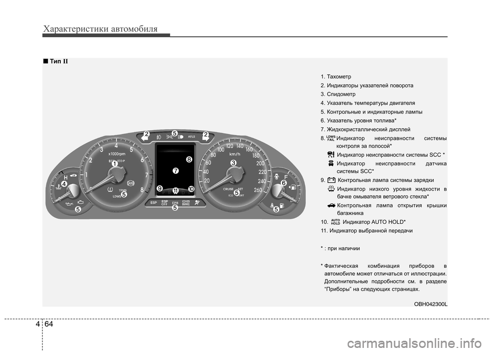 Hyundai Genesis 2012  Инструкция по эксплуатации (in Russian) Характеристики автомобиля
64
4
1. Тахометр  
2. Индикаторы указателей поворота
3. Спидометр
4. Указатель температ