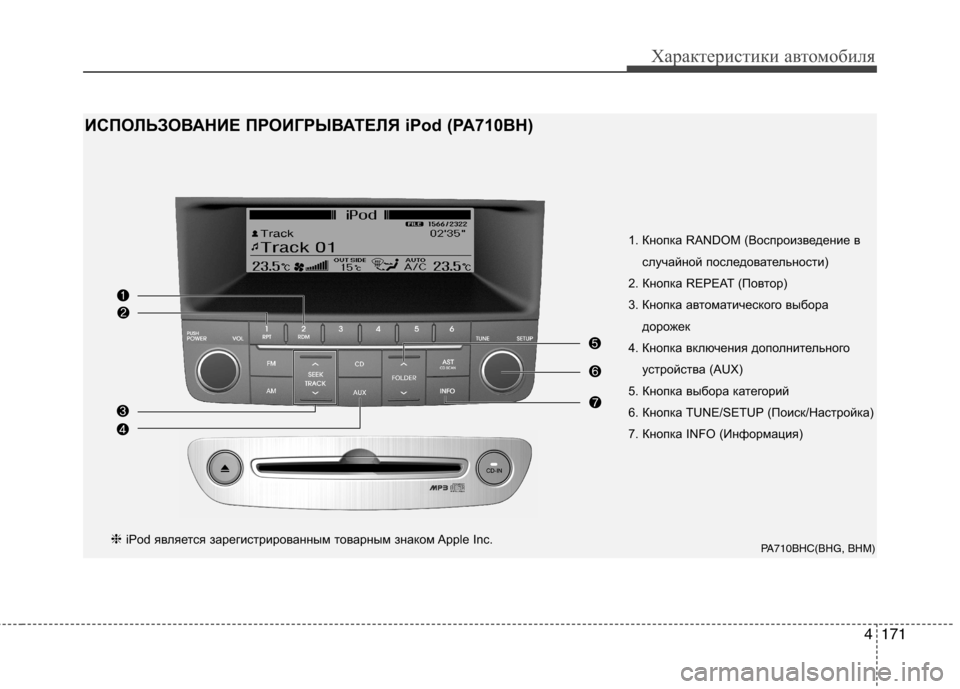 Hyundai Genesis 2012  Инструкция по эксплуатации (in Russian) 4171
Характеристики автомобиля
1. Кнопка RANDOM (Воспроизведение вслучайной последовательности)
2. Кнопка REPEAT (Пов