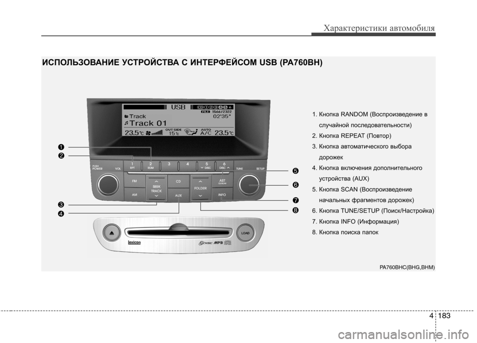 Hyundai Genesis 2012  Инструкция по эксплуатации (in Russian) 4183
Характеристики автомобиля
1. Кнопка RANDOM (Воспроизведение вслучайной последовательности)
2. Кнопка REPEAT (Пов