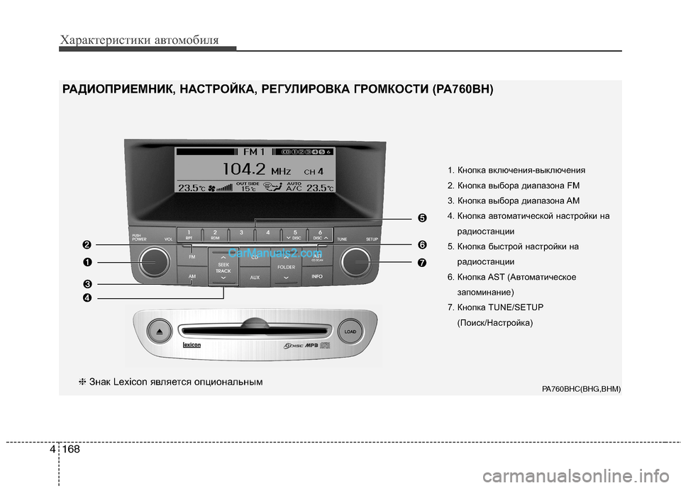 Hyundai Genesis 2011  Инструкция по эксплуатации (in Russian) Характеристики автомобиля
168
4
PA760BHC(BHG,BHM)
1. Кнопка включения-выключения 
2. Кнопка выбора диапазона FM
3. Кнопка в
