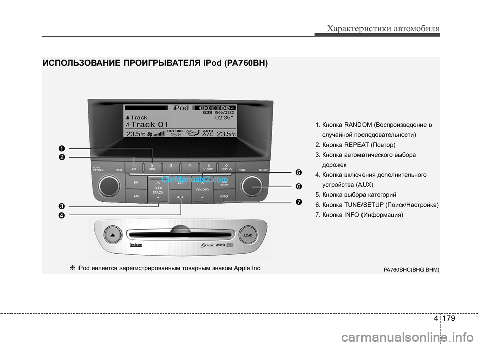 Hyundai Genesis 2011  Инструкция по эксплуатации (in Russian) 4179
Характеристики автомобиля
1. Кнопка RANDOM (Воспроизведение вслучайной последовательности)
2. Кнопка REPEAT (Пов