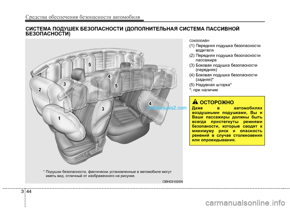 Hyundai Genesis 2011  Инструкция по эксплуатации (in Russian) Средства обеспечения безопасности автомобиля
44
3
C040000ABH 
(1) Передняя подушка безопасности
водителя
(2) Передня