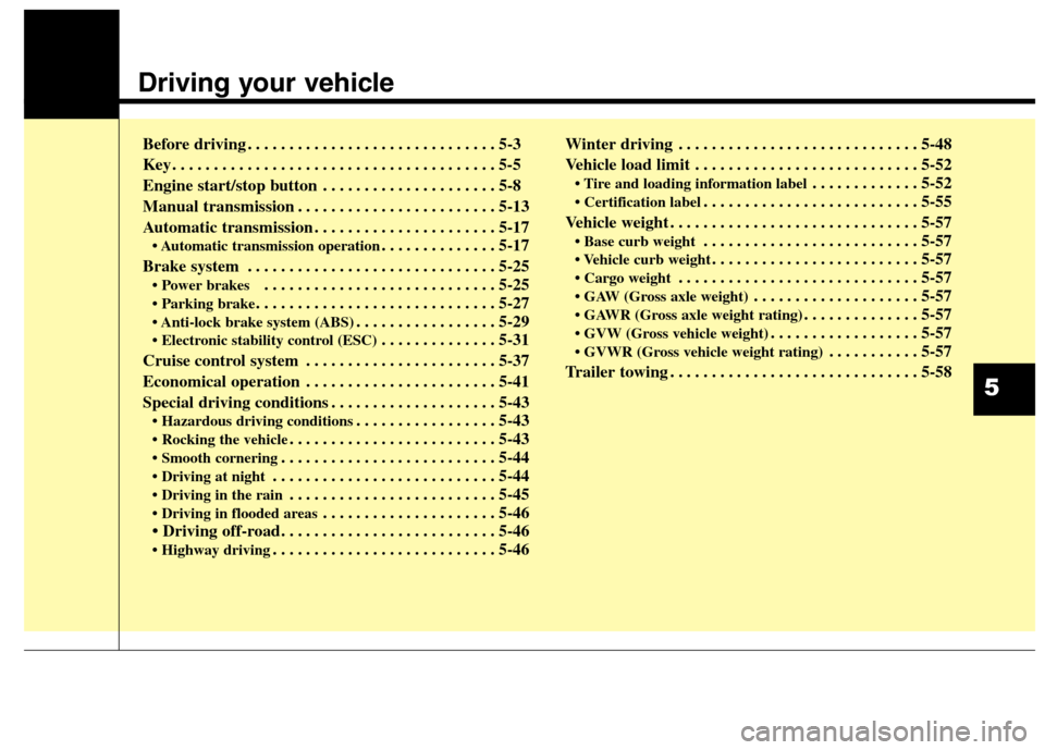 Hyundai Genesis Coupe 2015 Owners Manual Driving your vehicle
Before driving . . . . . . . . . . . . . . . . . . . . . . . . . . . . . . 5-3
Key . . . . . . . . . . . . . . . . . . . . . . . . . . . . . . . . . . . . . . . 5-5
Engine start Hyundai Genesis Coupe 2015 Owners Manual Driving your vehicle
Before driving . . . . . . . . . . . . . . . . . . . . . . . . . . . . . . 5-3
Key . . . . . . . . . . . . . . . . . . . . . . . . . . . . . . . . . . . . . . . 5-5
Engine start