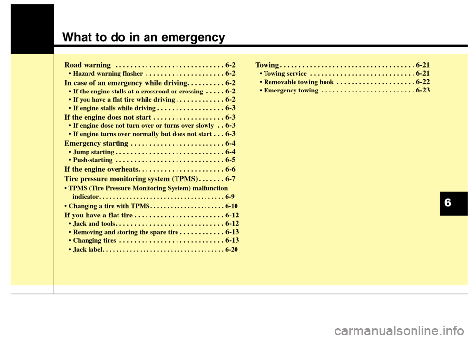 Hyundai Genesis Coupe 2015 Owners Manual What to do in an emergency
Road warning . . . . . . . . . . . . . . . . . . . . . . . . . . . . . 6-2
• Hazard warning flasher. . . . . . . . . . . . . . . . . . . . . 6-2
In case of an emergency w Hyundai Genesis Coupe 2015 Owners Manual What to do in an emergency
Road warning . . . . . . . . . . . . . . . . . . . . . . . . . . . . . 6-2
• Hazard warning flasher. . . . . . . . . . . . . . . . . . . . . 6-2
In case of an emergency w