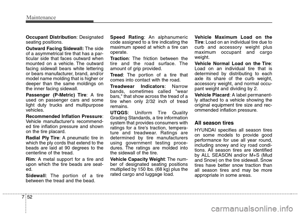 Hyundai Genesis Coupe 2015 Owners Manual Maintenance
52 7
Occupant Distribution: Designated
seating positions.
Outward Facing Sidewall:The side
of a asymmetrical tire that has a par-
ticular side that faces outward when
mounted on a vehicle. Hyundai Genesis Coupe 2015 Owners Manual Maintenance
52 7
Occupant Distribution: Designated
seating positions.
Outward Facing Sidewall:The side
of a asymmetrical tire that has a par-
ticular side that faces outward when
mounted on a vehicle.