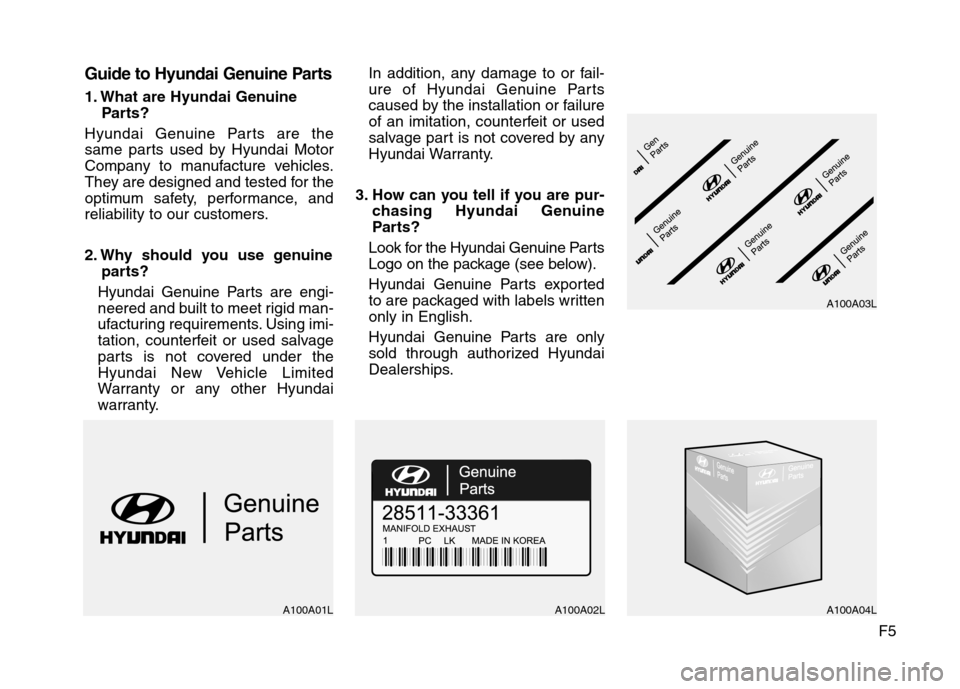 Hyundai Genesis Coupe 2015 Owners Manual F5
Guide to Hyundai Genuine Parts
1. What are Hyundai Genuine
Parts?
Hyundai Genuine Parts are the
same parts used by Hyundai Motor
Company to manufacture vehicles.
They are designed and tested for th Hyundai Genesis Coupe 2015 Owners Manual F5
Guide to Hyundai Genuine Parts
1. What are Hyundai Genuine
Parts?
Hyundai Genuine Parts are the
same parts used by Hyundai Motor
Company to manufacture vehicles.
They are designed and tested for th