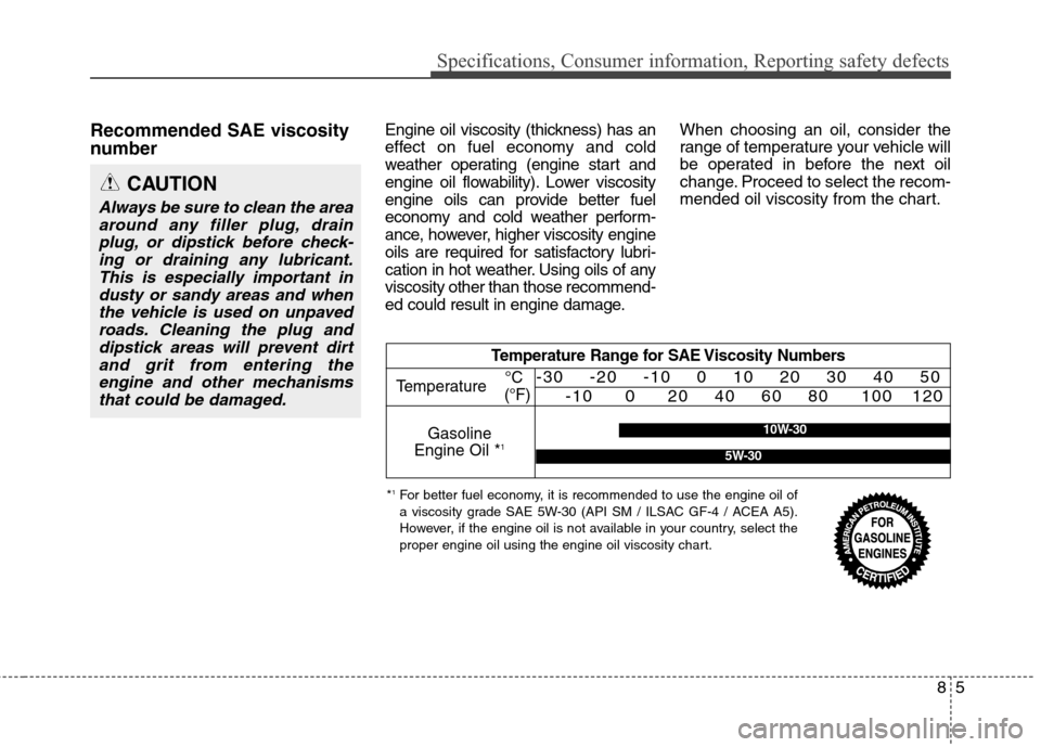 Hyundai Genesis Coupe 2015 Owners Manual Recommended SAE viscosity
number Engine oil viscosity (thickness) has an
effect on fuel economy and cold
weather operating (engine start and
engine oil flowability). Lower viscosity
engine oils can Hyundai Genesis Coupe 2015 Owners Manual Recommended SAE viscosity
number Engine oil viscosity (thickness) has an
effect on fuel economy and cold
weather operating (engine start and
engine oil flowability). Lower viscosity
engine oils can