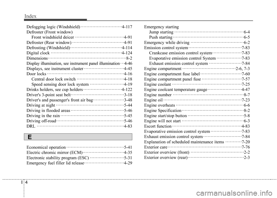 Hyundai Genesis Coupe 2015  Owners Manual Index
4I
Defogging logic (Windshield)····························4-117
Defroster (Front window)
Front windshield deicer··························