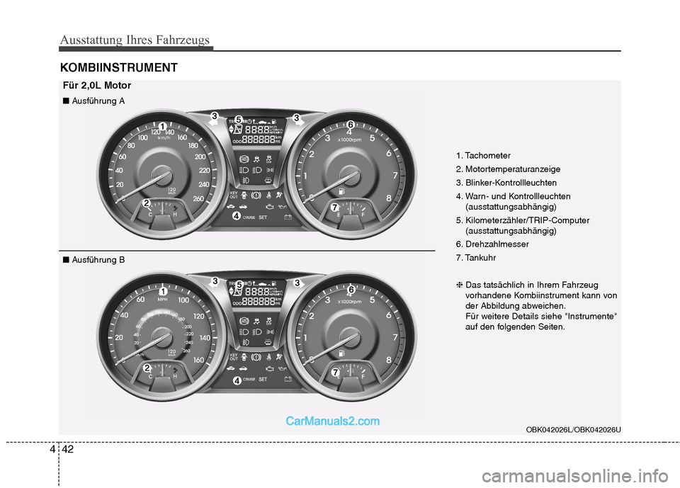 Hyundai Genesis Coupe 2013  Betriebsanleitung (in German) Ausstattung Ihres Fahrzeugs
42
4
KOMBIINSTRUMENT
OBK042026L/OBK042026U
■ Ausführung A
■  Ausführung B 1. Tachometer 
2. Motortemperaturanzeige
3. Blinker-Kontrollleuchten
4. Warn- und Kontrollle