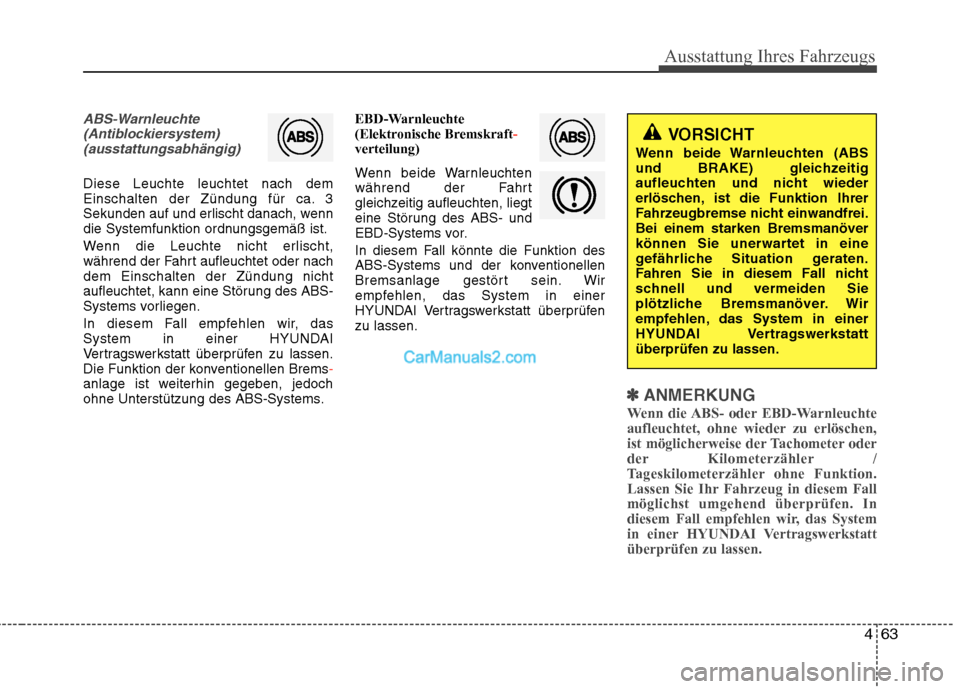 Hyundai Genesis Coupe 2013 Betriebsanleitung (in German) 463
Ausstattung Ihres Fahrzeugs
ABS-Warnleuchte(Antiblockiersystem)(ausstattungsabhängig)
Diese Leuchte leuchtet nach dem
Einschalten der Zündung für ca. 3
Sekunden auf und erlischt danach, wenn
d Hyundai Genesis Coupe 2013 Betriebsanleitung (in German) 463
Ausstattung Ihres Fahrzeugs
ABS-Warnleuchte(Antiblockiersystem)(ausstattungsabhängig)
Diese Leuchte leuchtet nach dem
Einschalten der Zündung für ca. 3
Sekunden auf und erlischt danach, wenn
d