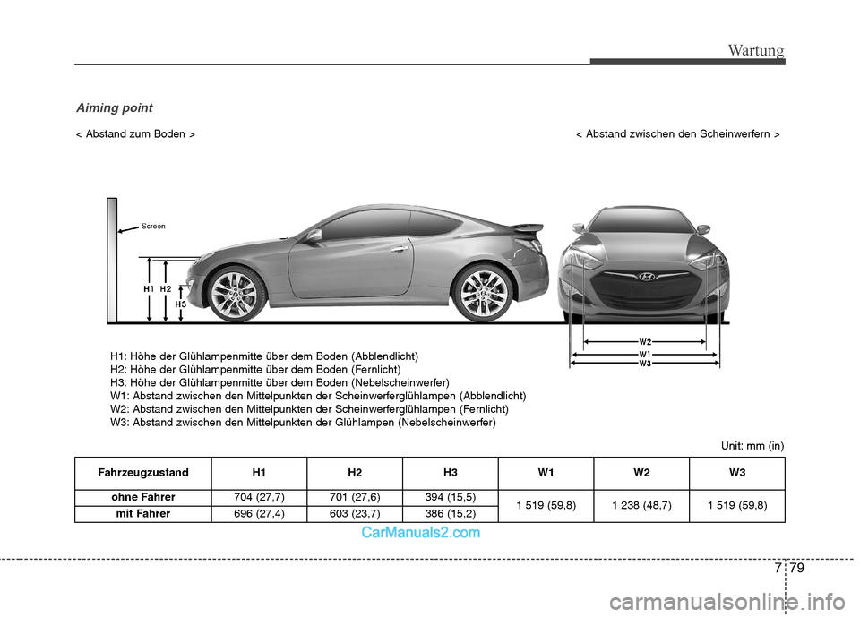 Hyundai Genesis Coupe 2013  Betriebsanleitung (in German) 779
Wartung
Unit: mm (in)
< Abstand zum Boden > 
< Abstand zwischen den Scheinwerfern >
H1: Höhe der Glühlampenmitte über dem Boden (Abblendlicht) 
H2: Höhe der Glühlampenmitte über dem Boden (F