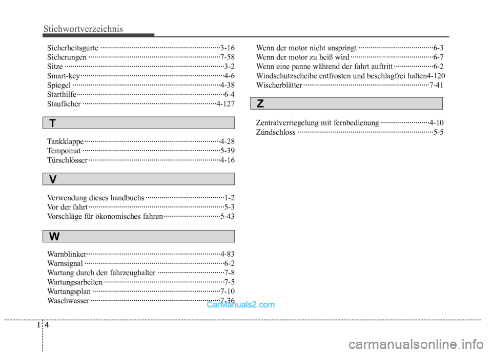 Hyundai Genesis Coupe 2013 Betriebsanleitung (in German) Stichwortverzeichnis
4
I
Sicherheitsgurte ·····························································3-16
Sicherungen ········· Hyundai Genesis Coupe 2013 Betriebsanleitung (in German) Stichwortverzeichnis
4
I
Sicherheitsgurte ·····························································3-16
Sicherungen ·········