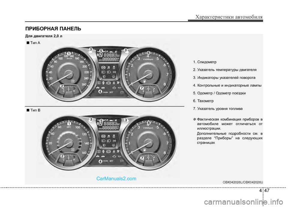 Hyundai Genesis Coupe 2013  Инструкция по эксплуатации (in Russian) 447
Характер\bст\bк\b авто\fоб\bля
ПРИБОРНАЯ ПАНЕЛЬ
OBK042026L/OBK042026U
■TМЙп A
■  TМЙп B 1. СпМЙдоМfетр
2. Указатель теМfперат
