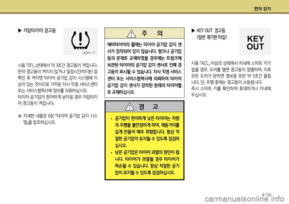 Hyundai Genesis Coupe 2012  제네시스 쿠페 BK - 사용 설명서 (in Korean) 편의 장치4-59
 
▶  저압타이어 경고등
시동 
「ON
」 상태에서 약 
3초간 경고등이 켜집니다. 
만약 경고등이 켜지지 않거나 일정시간(약 1분) 깜
빡인  