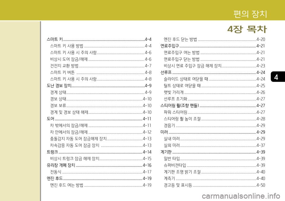 Hyundai Genesis Coupe 2012  제네시스 쿠페 BK - 사용 설명서 (in Korean) 4
스마트 키 ..........................................................................................4-4
스마트 키 사용 방법 ..............................................................