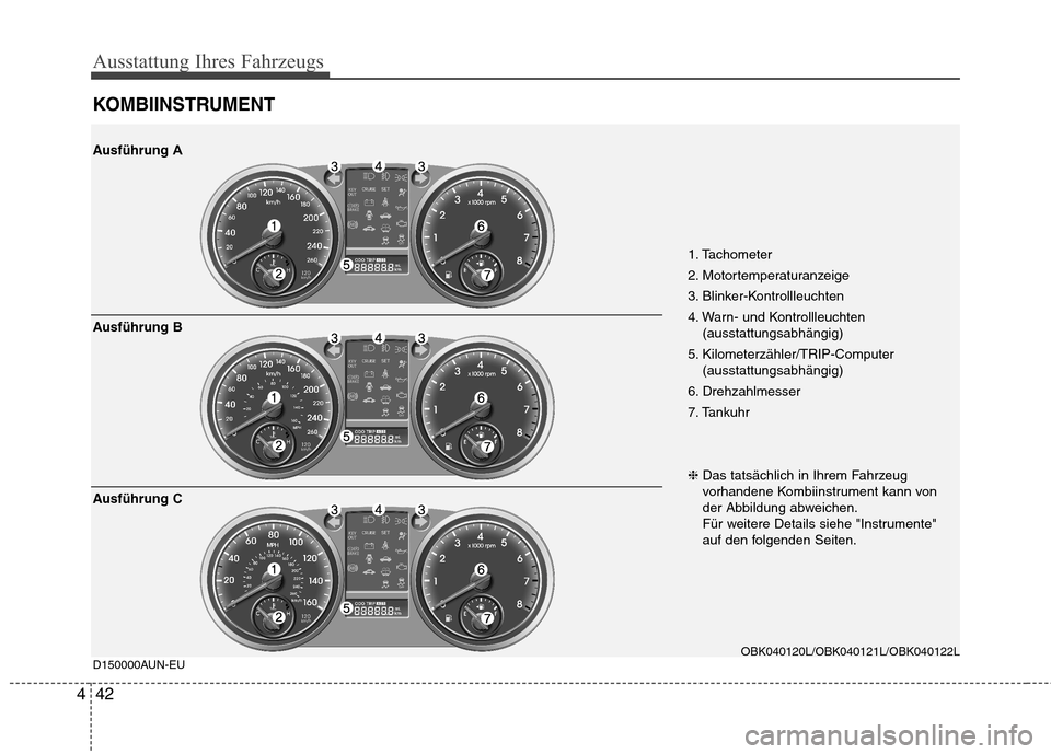 Hyundai Genesis Coupe 2011  Betriebsanleitung (in German) Ausstattung Ihres Fahrzeugs
42
4
KOMBIINSTRUMENT
1. Tachometer 
2. Motortemperaturanzeige
3. Blinker-Kontrollleuchten
4. Warn- und Kontrollleuchten
(ausstattungsabhängig)
5. Kilometerzähler/TRIP-Com
