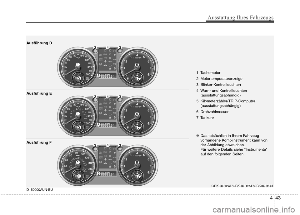 Hyundai Genesis Coupe 2011  Betriebsanleitung (in German) 443
Ausstattung Ihres Fahrzeugs
1. Tachometer 
2. Motortemperaturanzeige
3. Blinker-Kontrollleuchten
4. Warn- und Kontrollleuchten(ausstattungsabhängig)
5. Kilometerzähler/TRIP-Computer (ausstattung