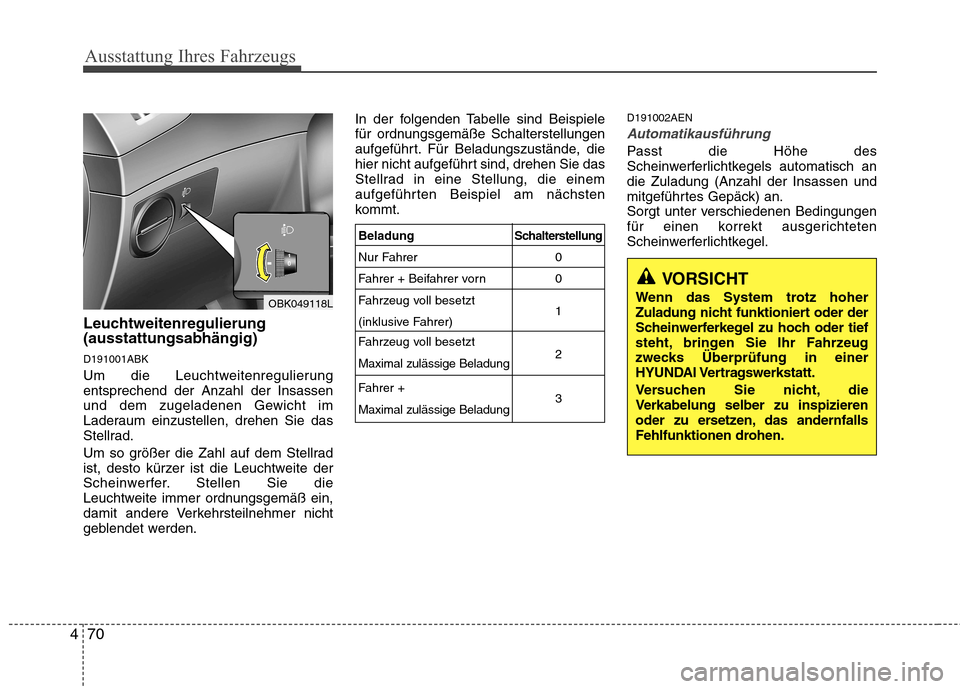Hyundai Genesis Coupe 2011 Betriebsanleitung (in German) Ausstattung Ihres Fahrzeugs
70
4
Leuchtweitenregulierung (ausstattungsabhängig) D191001ABK
Um die Leuchtweitenregulierung entsprechend der Anzahl der Insassen
und dem zugeladenen Gewicht im
Laderaum Hyundai Genesis Coupe 2011 Betriebsanleitung (in German) Ausstattung Ihres Fahrzeugs
70
4
Leuchtweitenregulierung (ausstattungsabhängig) D191001ABK
Um die Leuchtweitenregulierung entsprechend der Anzahl der Insassen
und dem zugeladenen Gewicht im
Laderaum