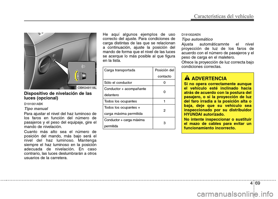 Hyundai Genesis Coupe 2011 Manual del propietario (in Spanish) 469
Características del vehículo
Dispositivo de nivelación de las luces (opcional) D191001ABK
Tipo manual
Para ajustar el nivel del haz luminoso de
los faros en función del número de
pasajeros y Hyundai Genesis Coupe 2011 Manual del propietario (in Spanish) 469
Características del vehículo
Dispositivo de nivelación de las luces (opcional) D191001ABK
Tipo manual
Para ajustar el nivel del haz luminoso de
los faros en función del número de
pasajeros y