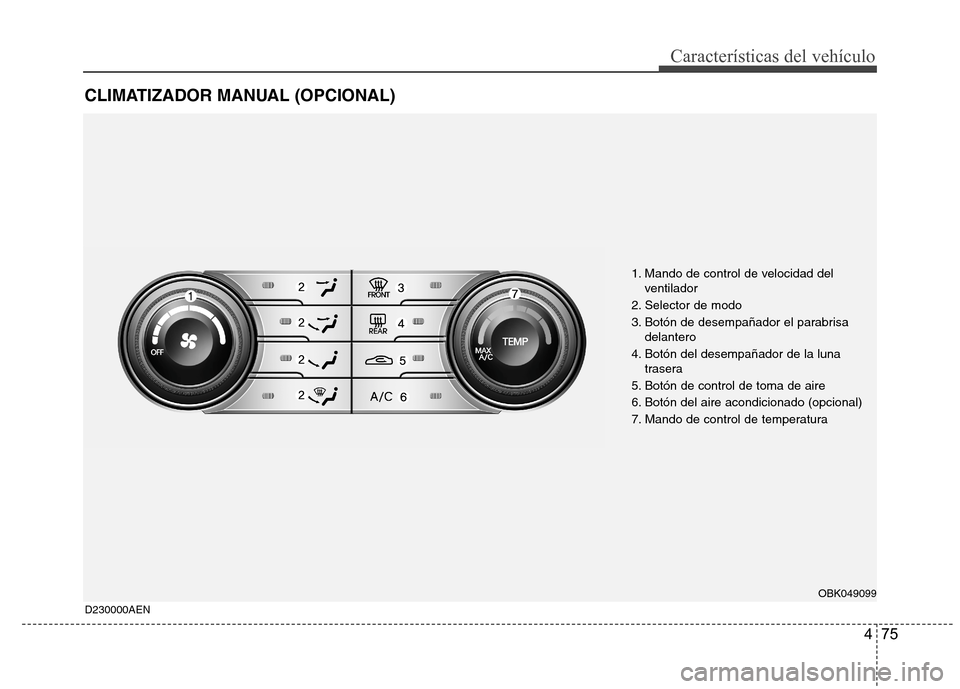 Hyundai Genesis Coupe 2011  Manual del propietario (in Spanish) 475
Características del vehículo
CLIMATIZADOR MANUAL (OPCIONAL)
1. Mando de control de velocidad delventilador
2. Selector de modo 
3. Botón de desempañador el parabrisa delantero
4. Botón del de