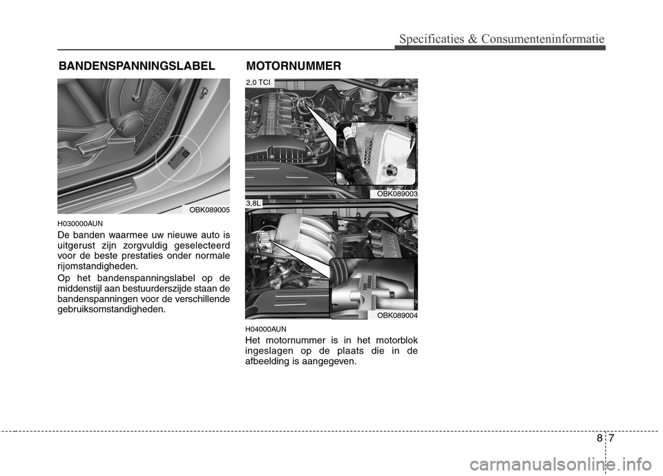 Hyundai Genesis Coupe 2011  Handleiding (in Dutch) 87
Specificaties & Consumenteninformatie
H030000AUN 
De banden waarmee uw nieuwe auto is 
uitgerust zijn zorgvuldig geselecteerd
voor de beste prestaties onder normale
rijomstandigheden. Op het banden